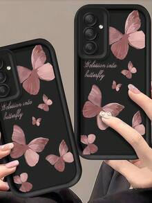 1pc Pink Brown Butterfly Phone Case, Beautiful Oil Painting Style Butterfly With Quote Text Soft TPU Shockproof Protective Phone Cover, Black Leather Frame Shockproof Soft TPU Protective Cover, Suitable For GALAXY, HONOR, Phone - Black - View 5