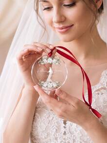 1pc Custom Text Wedding Souvenir Glass Ornament,Personalized Bride Groom Names Marriage Date Glass Hanging Pendant,Floral Pattern Christmas Tree Decoration Romantic Wedding Anniversary Gift - Multicolor - View 3