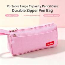 Large Capacity Canvas Pencil Case, Portable Makeup Bag, Multi-Functional Stationery And Cosmetic Organizer Bag, Durable Fabric With Front Pocket And Handle, Suitable For School, Office, Travel And Daily Use, Minimalist Solid Color Design Gift - Multicolor - View 13