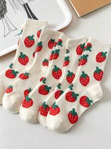 5 Pairs Pink Girl Mid-Calf Socks, Strawberry & Heart Print Cotton Socks, Japanese Sweet Versatile Women's Socks - Multicolor - View 11