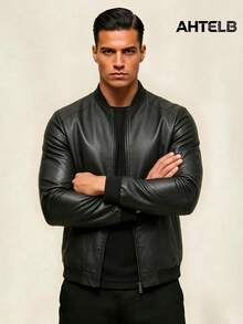 AHTELB Men's Outdoor Leather Baseball Collar Motorcycle Jacket, Riding Jacket, Minimalist Solid Color Flight Jacket Sports Black - Black - View 1