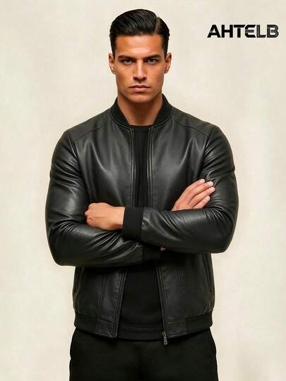 AHTELB Herren Outdoor Leder Baseball Kragen Motorradjacke, Reitjacke, minimalistische einfarbige Fliegerjacke Sport Schwarz