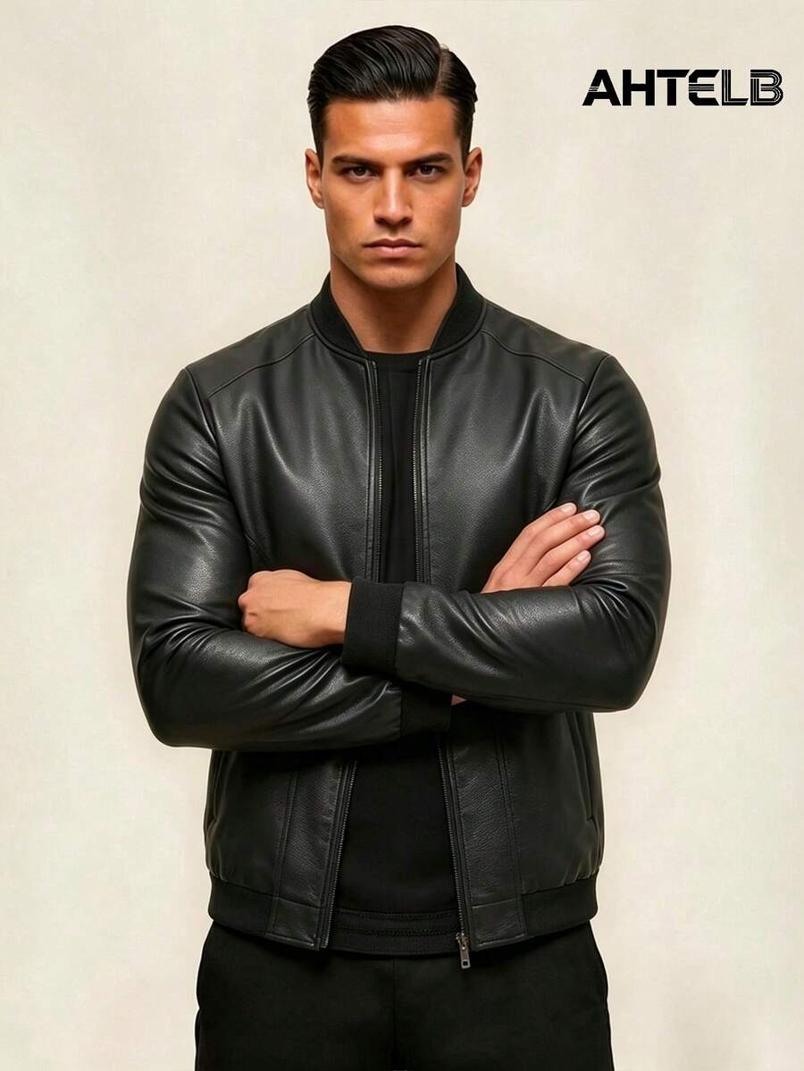 AHTELB Men's Outdoor Leather Baseball Collar Motorcycle Jacket, Riding Jacket, Minimalist Solid Color Flight Jacket Sports Black - Black - View 1