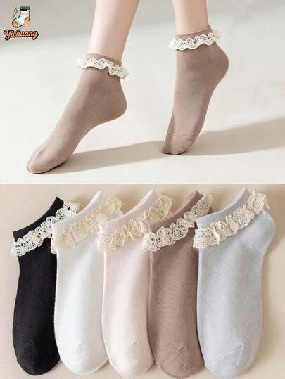 1/3/5 Pairs Lace Trim Short Socks For Women, Sweet Ballet Style Princess Socks, JK Socks
