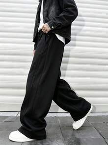 Men's Black Barrel Color Drawstring Waist Pockets Casual Loose Fit Sports Sweatpants, Knitted Fabric Athletic Long Pants - Black - View 3