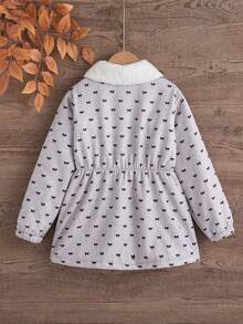 Girls' Casual Fashion All-Over Bowknot Pattern Thermal-Lined Zip-Up Jacket With Turn-Down Collar And Cinching Waist, Mid-Length, Autumn/Winter - Grey - View 2