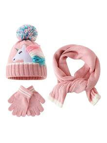 Autumn/Winter Cartoon Unicorn Hat & Gloves Warm Children's Knitted Hat 2-Piece Set For Little Girls - Unicorn 3-piece Set - View 7