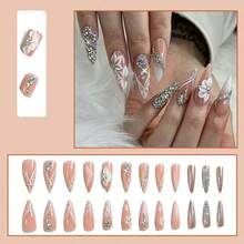 24/12pcs Long Water Drop Shaped Press-On Nails, Shiny Rhinestone Gradient Floral Pattern, Sweet Cool European Style Nail Stickers, Suitable For Women - Multicolor - View 5