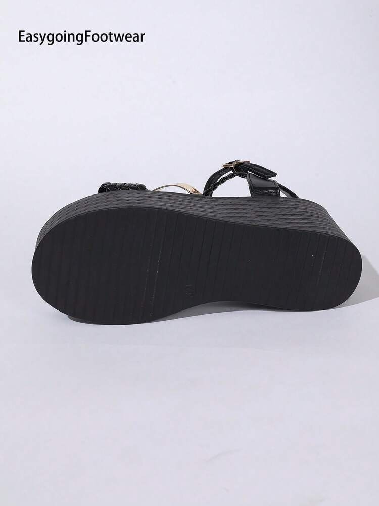 Sandalias de cuña para mujer de verano, unicolor, suela gruesa, punta abierta, correa tejida, hebilla única, aumento de altura, cómodas, versátiles y elegantes - Negro - Añade 8