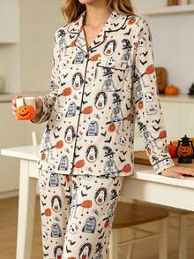 2pcs Women's Casual Long Sleeve Pajama Set, Lapel Long Sleeve Cardigan And Comfortable Pants, Ghost Skeleton Halloween Pattern, Suitable For All Seasons, Halloween Holiday Party Pajama Set - Apricot - View 6
