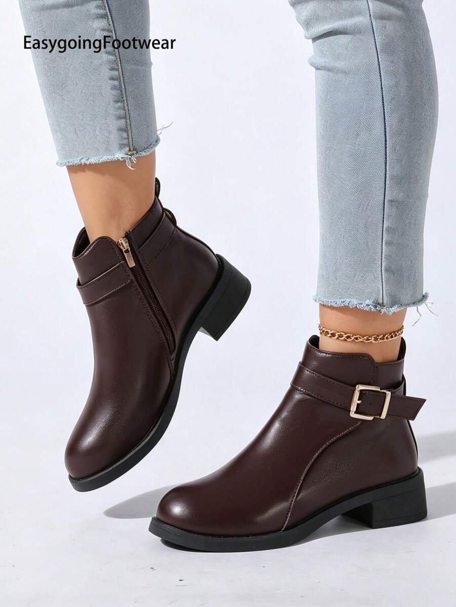 Women's British Style Round Toe Ankle Boots, Metal Buckle Side Zipper, Breathable Lining, Chunky Heel Comfortable, Versatile For Multiple Occasions - Coffee Brown - View 1