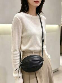 2026 New Niche Premium Top Grain Cowhide Leather Football Bag, Personalized Fashion Minimalist Small Round Bag, Versatile Commuter Large Capacity Shoulder Crossbody Bag PU - Multicolor - View 4