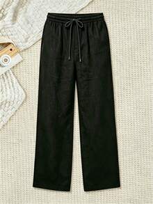 Men's Linen Straight Wide Leg Pants, Elastic Drawstring High Waist, Draped Loose Breathable Linen Casual Long Pants, Sporty Black - Black - View 4