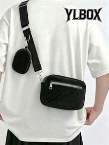 2pcs/Set Embroidered Men's Crossbody Bag Mini Key Pouch - Black - View 1