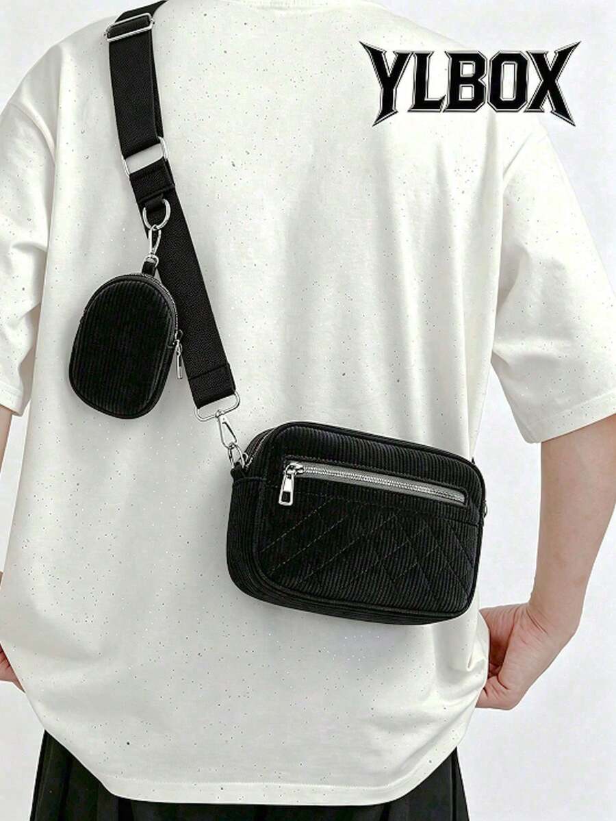 2pcs/Set Embroidered Men's Crossbody Bag Mini Key Pouch - Black - View 1