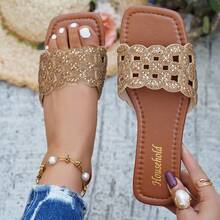Women's Rhinestone Embellished Hollow-Out Mesh Pattern Square Toe Open Toe Single Strap Flat Slide Sandals, Luxury Vacation Style Summer Leather Slippers - Brown - View 9