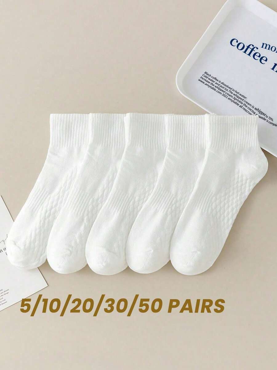 1/5/10/20 Pairs White Women's Massage Socks, Solid Color Mid-Calf Socks, Korean Style, Thermal Lined, Suitable For Summer, Autumn, Winter For Men And Women, Sports Socks, Couple Socks - Multicolor - View 1