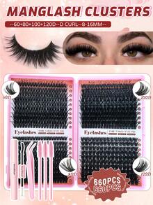 Eimny 40 Rows 660pcs Thick Eyelash Extension Set, Includes Adhesive, Sealer, Tweezers, 3 Brushes, 60D 80D 100D 120D 8-16mm Curl False Eyelashes, Cartoon Style Eyelash Extension Cluster Set, Travel Essential Eyelash Set - Multicolor - View 3