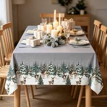 Winter Forest Reindeer Christmas Party Tablecloth, Cedar Tree & Snowman Print Rectangular Tablecloth, Suitable For Christmas Party Tabletop Decoration - A - View 3