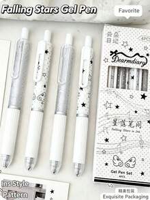 4pcs Star & Polka Dot Retractable Gel Pen Set, INS Style Silver White Ribbon Print Cute Black Ink Pens, 0.5mm Quick-Dry Smooth Writing Signing Pens, Cute Stationery For Students, Back To School Gift, Back To School Essential - Multicolor - View 2