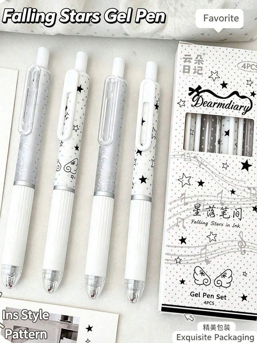 4pcs Star & Polka Dot Retractable Gel Pen Set, INS Style Silver White Ribbon Print Cute Black Ink Pens, 0.5mm Quick-Dry Smooth Writing Signing Pens, Cute Stationery For Students, Back To School Gift, Back To School Essential
