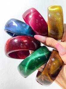 歐美風誇張寬版樹脂手鐲，珍珠光澤幻彩大理石紋方型與圓型復古飾品手環 - 多色A - 查看 4
