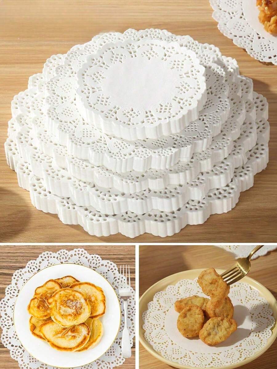 50pcs Round White Paper Lace Doilies, Disposable Baking Lace Paper Mats, Suitable For Crafts, Tableware Decoration, Party, Wedding, Cake, Dessert, Baking, Grilling, Fried Foods - White - View 1