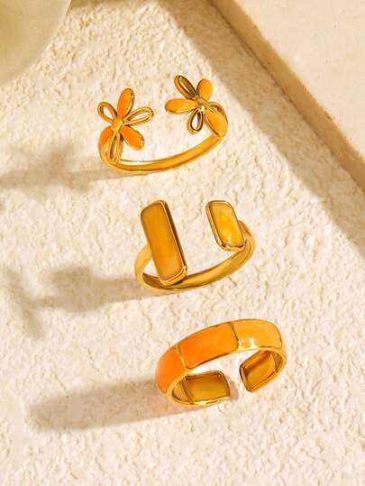 3pcs Stainless Steel Orange Elegant Minimalist Geometric Floral Line Square Ring Set, Suitable For Women's Daily Wear, Holiday Gifts, Shopping