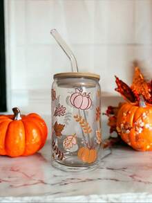 Autumn Atmosphere Glass Straw Cup, Pumpkin & Fallen Leaves Full Print, Bamboo Lid Straw Set, Home & Office Cold Drink Milk Tea Portable Drinking Glass - Multicolor - View 7