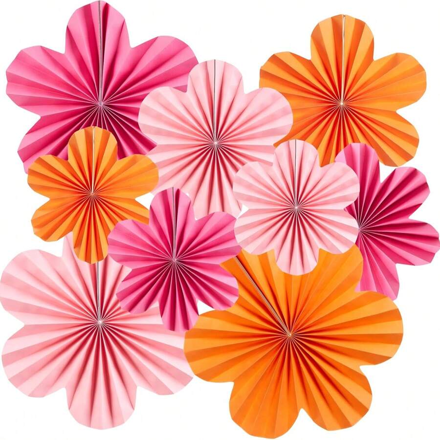 9 PCS Paper Flowers Fans Orange And Hot Pink Party Decorations Tissue Paper Flowers Decorations For Girl Groovy Birthday Wedding Bachelorette Room Wall Hanging Decor - View 1