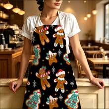 1pc Christmas Cute Gingerbread Man Party Print Apron - Halter Neck Sleeveless Design, Soft And Durable Fabric, Featuring Christmas Hat Gingerbread Man, Candy Cane And Christmas Tree Patterns, Suitable For Kitchen Cooking, Baking And Holiday Gatherings, Home Decor, Atmospheric Apron, Fun Christmas Gift - Multicolor - View 1