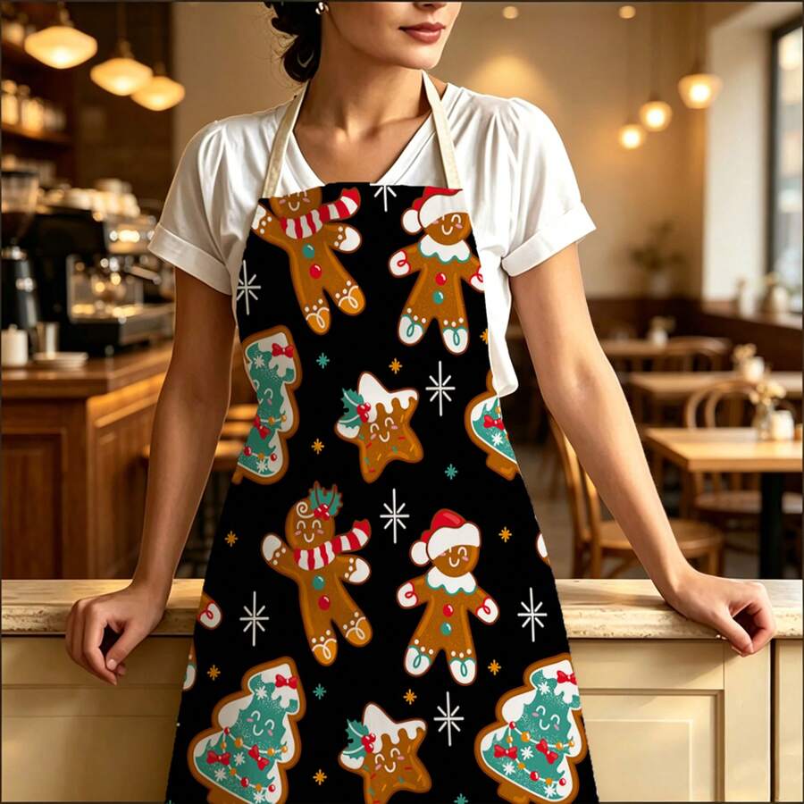1pc Christmas Cute Gingerbread Man Party Print Apron - Halter Neck Sleeveless Design, Soft And Durable Fabric, Featuring Christmas Hat Gingerbread Man, Candy Cane And Christmas Tree Patterns, Suitable For Kitchen Cooking, Baking And Holiday Gatherings, Home Decor, Atmospheric Apron, Fun Christmas Gift - Multicolor - View 1