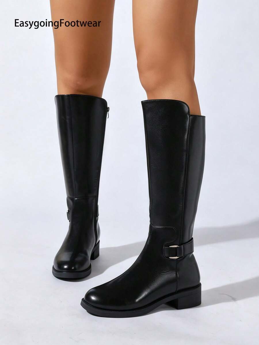 Women's Autumn/Winter Side Zipper Buckle Low Heel Riding Boots, Round Toe Comfortable, Easy To Care, Versatile For Party And Commute