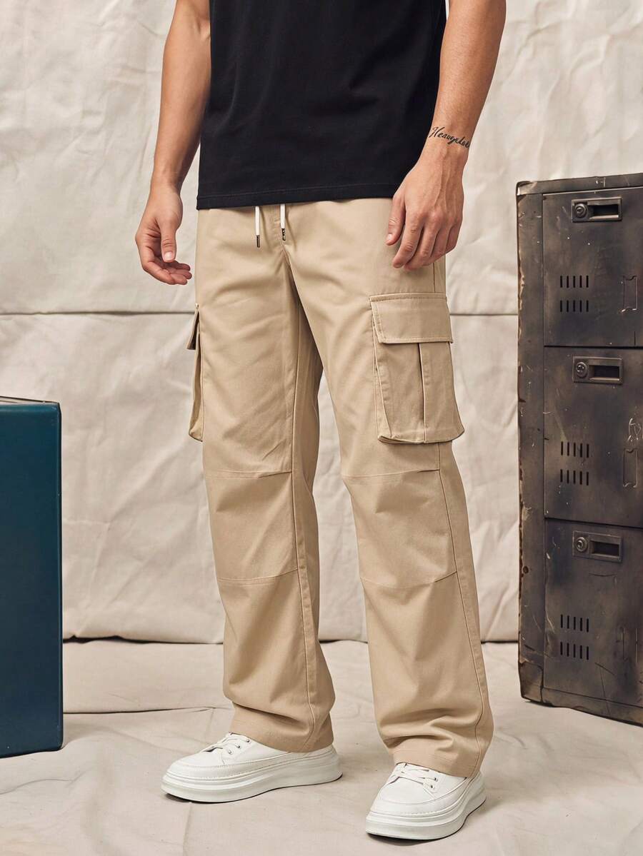 Norleigh Loose Fit Men Flap Pocket Side Drawstring Waist Cargo Pants, Fall - Apricot - View 1