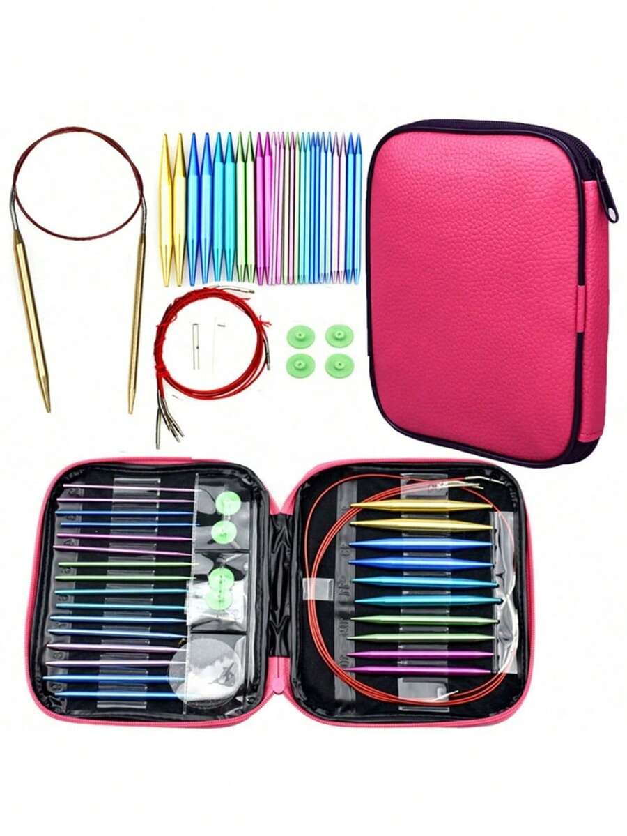 Interchangeable Round Knitting Needle Set With Needle Case, Double-Ended Aluminum Needles, Color-Coded And Labeled, Ergonomic Grip, Lightweight And Durable, Suitable For Knitting, Crochet And Braiding, Ideal For Beginners And Experienced Users
