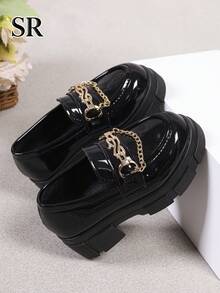 Fashion Girls' Thick Sole Loafers, Shiny Black Metal Chain Decor Shoes, Suitable For Daily And School Wear, School Essential - Black - View 3