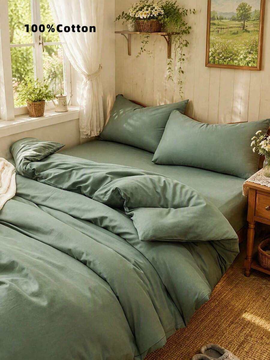 2/3pcs Solid White Reversible Duvet Cover Set (1 Duvet Cover And 1/2 Pillowcase), Breathable Fabric, Suitable For All Seasons, Dual-Color Design, Applicable For Bedroom, Guest Room, Wedding, Valentine's Day, Dormitory, School And Other Occasions. - Green - View 1