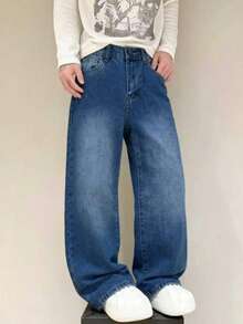 Tween Boy Fashion Versatile Digital Letter Print Straight Leg Loose Fit Elastic Waist Denim Jeans - Medium Wash - View 2
