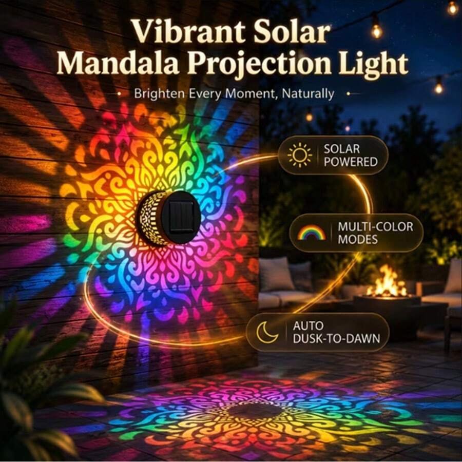 1pc Warm White Mandala Solar Projection Light, IPX4 Waterproof Rating, LED Pattern Wall Lamp, Suitable For Outdoor Fence, Garden, Yard, Backyard, Steps, Patio, Pathway, Porch Railing And Driveway, Creating Cozy Golden Nighttime Atmosphere - Solar Mandala - View 1