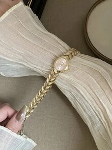 金色錶帶橢圓形粉色錶盤，搭配獨特錶帶設計與極簡刻度，是完美的日常配件或禮物 - 金色 - 查看 3