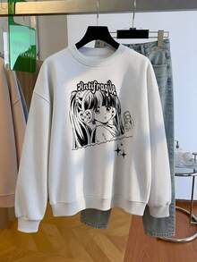 Korean Style Retro Anime Character Pattern Crew Neck Sweatshirt, Minimalist Black & White Line Design, Student Versatile Oversize Autumn Sweatshirt - Off-white - View 3