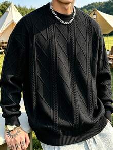Men's Embossed Diamond Pattern Crew Neck Sweatshirt, Solid Color Versatile Casual Sports Top, Black - Black - View 1