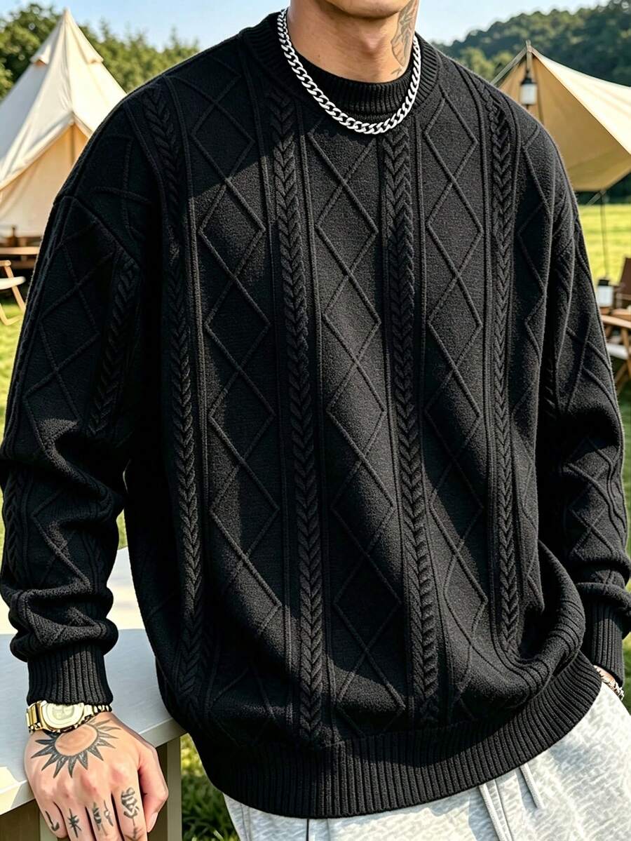 Men's Embossed Diamond Pattern Crew Neck Sweatshirt, Solid Color Versatile Casual Sports Top, Black - Black - View 1