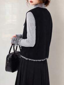 Women's Autumn/Winter Casual Elegant Contrast Trim Round Neck Knitted Cardigan Vest Top - Black - View 2