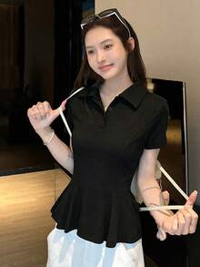 純色夏季新款女款短袖T恤，遮肚魚尾下擺上衣，黑色 - 黑色 - 查看 2