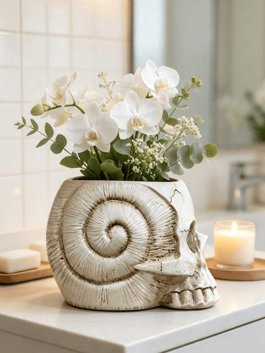 1pc Skull Ammonite Planter, Unique Fossil Spiral Design Decorative Vase, Bohemian Gothic Home Bathroom Desktop Centerpiece Decor, Indoor Succulent Orchid Stand, Modern Bookshelf Aesthetic Plant Container - Multicolor - View 1