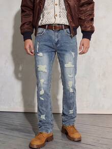 Men's Light Blue Vintage Washed Stretch Denim Jeans, Multi-Layer Distressed Ripped Design, Pearl Trim Decorated Pockets, Gradient Whiskered Faded Denim Pants (Belt Not Included) - Blue - View 4