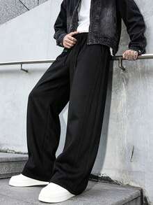 Men's Black Barrel Color Drawstring Waist Pockets Casual Loose Fit Sports Sweatpants, Knitted Fabric Athletic Long Pants - Black - View 2