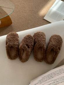 XIXITIAO Minimalist Solid Color Winter Warm Slippers, Couples Cozy Fuzzy Home Shoes For Men & Women - Brown - View 8