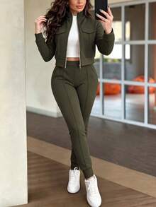 2pcs Women Set In Spring/Autumn/Winter, Minimal Solid Color Versatile Zip Up Short Jacket Tops With Elastic Waist Pocket Skinny Pants Casual Elegant - Army Green - View 2